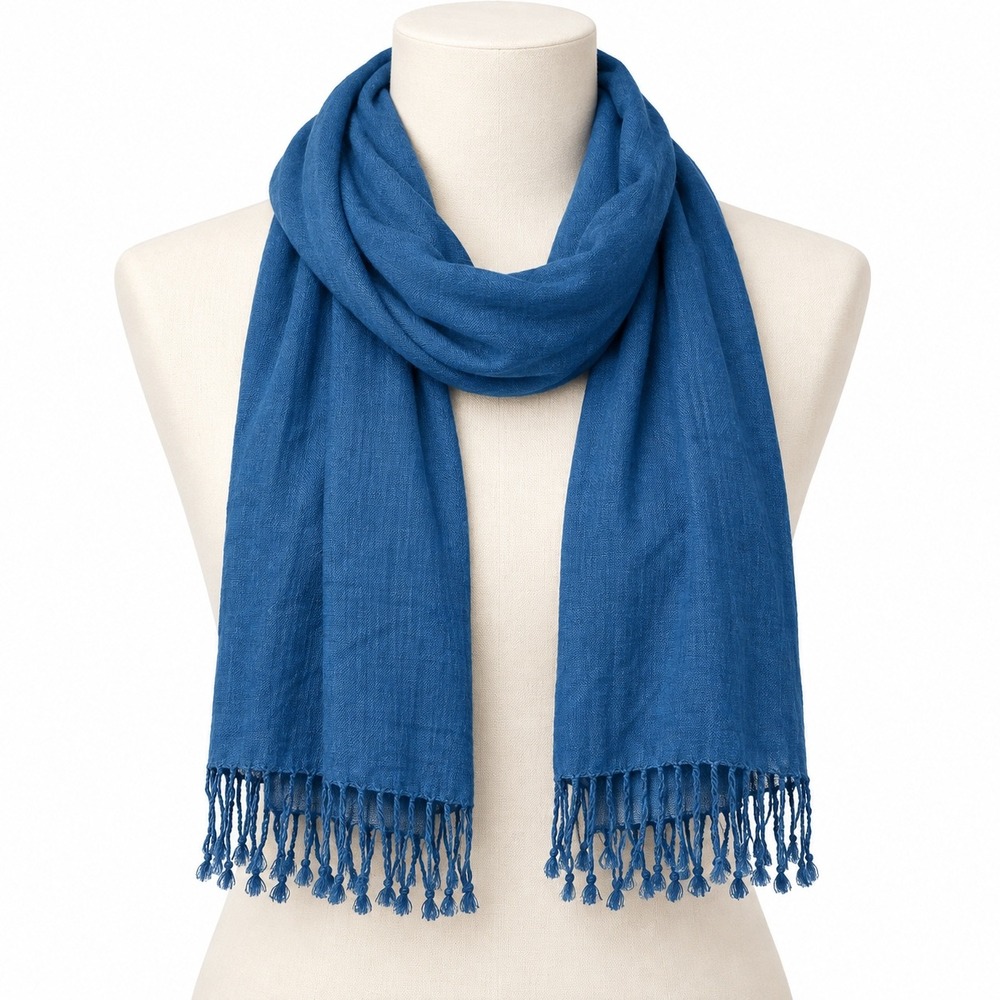 INS Scarf Unisex OS Blue Solid Pashmina Wrap Tassel Fringe Woven Lightweight